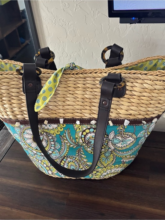 Vera Bradley Handbags - Vera Bradley Teal and Lime Paisley Woven Tote with Dark Brown Handles